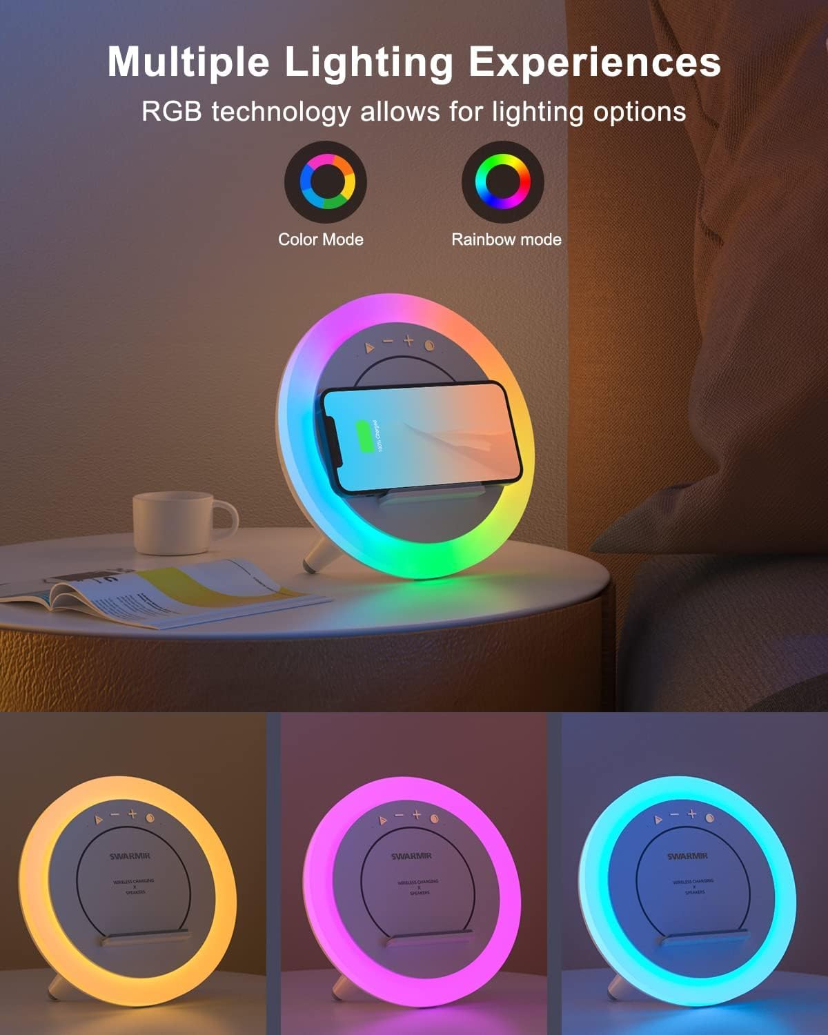 Bluetooth Speaker Night Lights, Wireless Charging Kids Speaker, Color Changing Modern Bluetooth Lamp,Teenage Boys Girls Gifts Ideas (15W Wireless Charging with Battery)